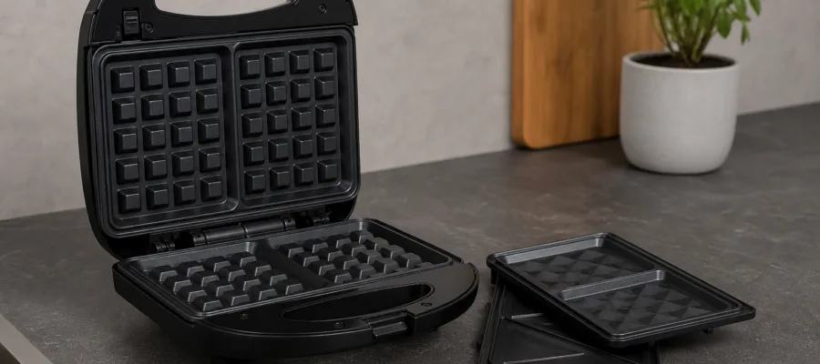 Platzsparende Waffeleisen mit herausnehmbaren Platten fuer einfache Reinigung