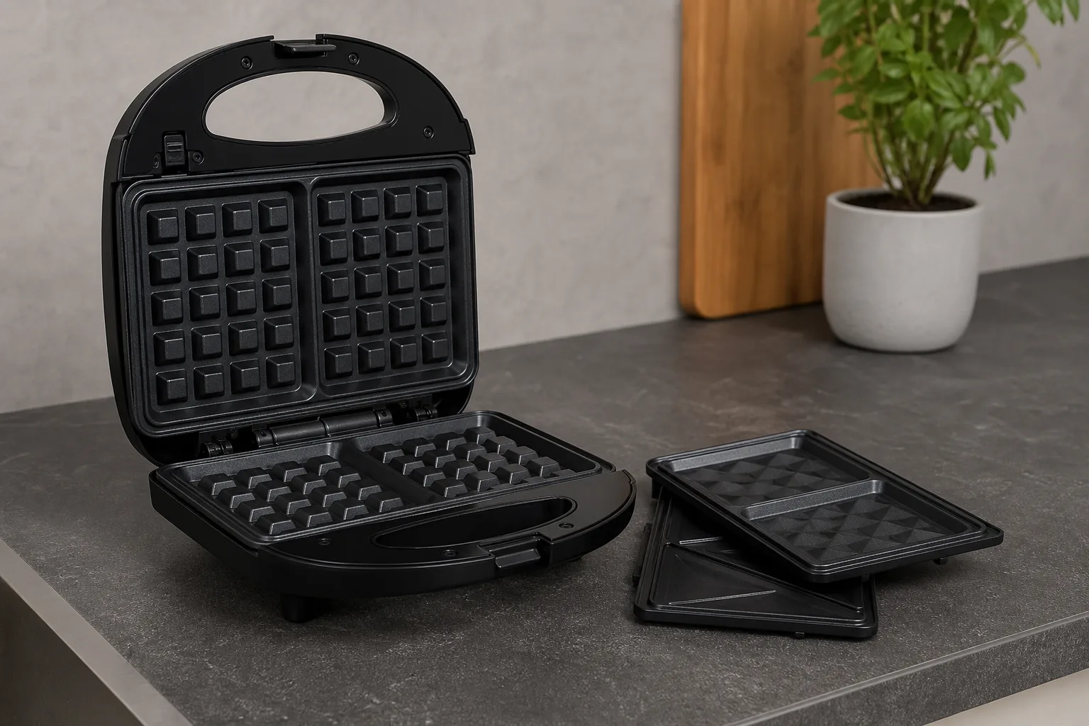 Platzsparende Waffeleisen mit herausnehmbaren Platten fuer einfache Reinigung